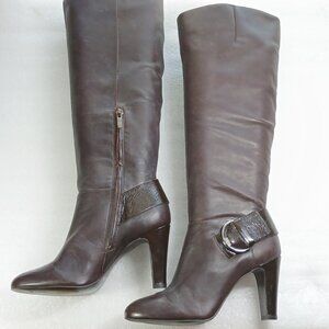 Gianni Bini Dark Brown Leather Knee High Stiletto Boots Women's 8 18¾" Shaft VG
